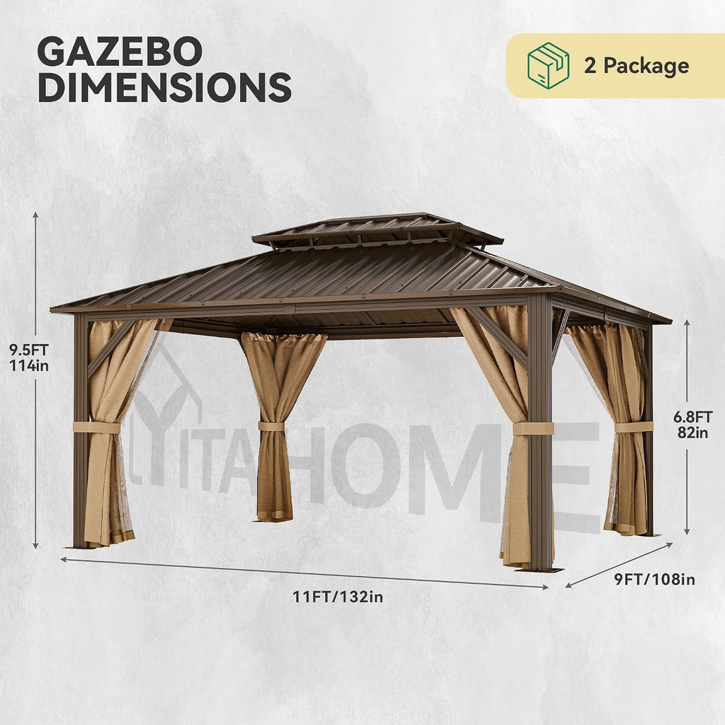 YITAHOME 9x11FT Hardtop Gazebo Double Roof Canopy w/Netting and Curtains, Outdoor Gazebo Permanent Galvanized Iron Steel Gazebo for Patio, Backyard, Deck and Lawns, Bronze