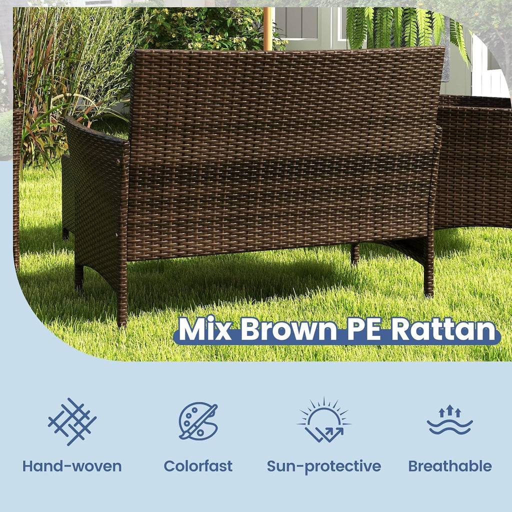 ORALNER 4 Pieces Patio Furniture Set, Rattan Chairs Loveseat with Soft Cushion and Glass Table, Outdoor Wicker Conversation Set for Balcony Garden Backyard Porch Poolside (Navy)