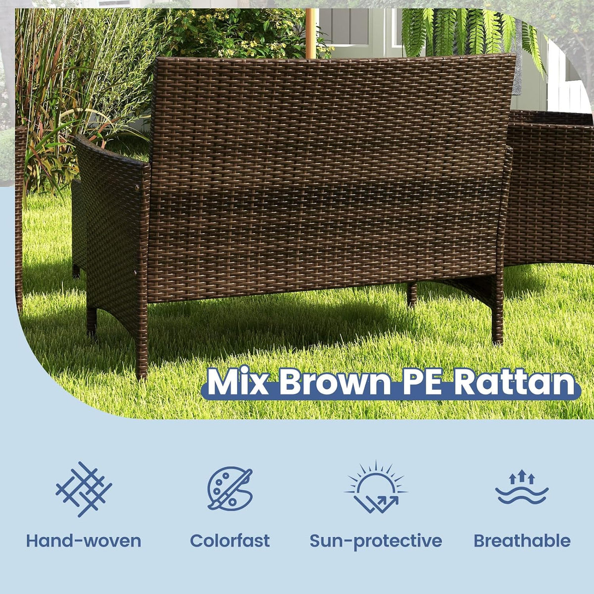 ORALNER 4 Pieces Patio Furniture Set, Rattan Chairs Loveseat with Soft Cushion and Glass Table, Outdoor Wicker Conversation Set for Balcony Garden Backyard Porch Poolside (Navy)