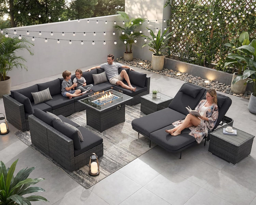 NICESOUL 13 Piece Patio Furniture Set with Fire Pit Table, Luxury Wicker Outdoor Patio Sectional with Fire Pit & Chaise Lounge, 29.3' Highback Extra Large Size Wide Deep Seating, Dark Gray