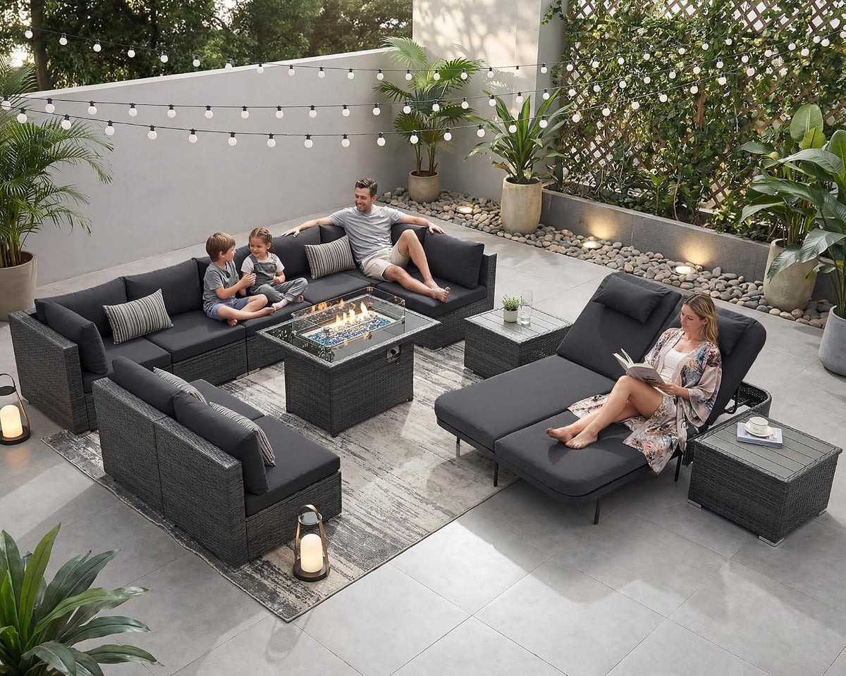 NICESOUL 13 Piece Patio Furniture Set with Fire Pit Table, Luxury Wicker Outdoor Patio Sectional with Fire Pit & Chaise Lounge, 29.3' Highback Extra Large Size Wide Deep Seating, Dark Gray