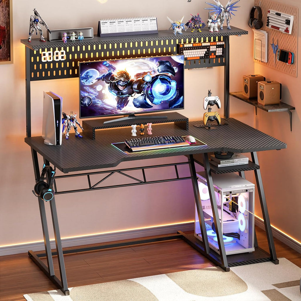 Armocity Gaming Computer Desk with Shelves and Outlets, Gaming Desk with Hutch and LED Lights, Reversible PC Gaming Desks with Pegboard, Carbon Fiber Black 47''