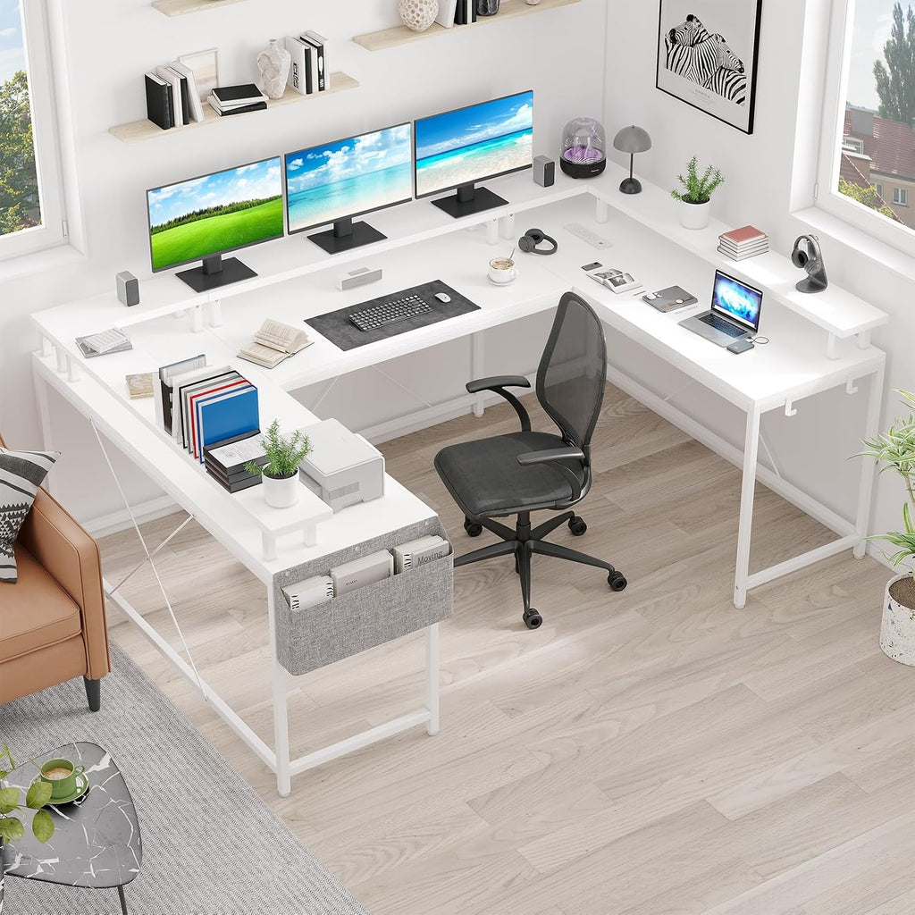 Jojoka U Shaped Computer Gaming Desk, Reversible L Shaped Desk with Power Outlets, LED Strip & Monitor Stand, Large Corner Desk with Storage Shelves for Home Office, White