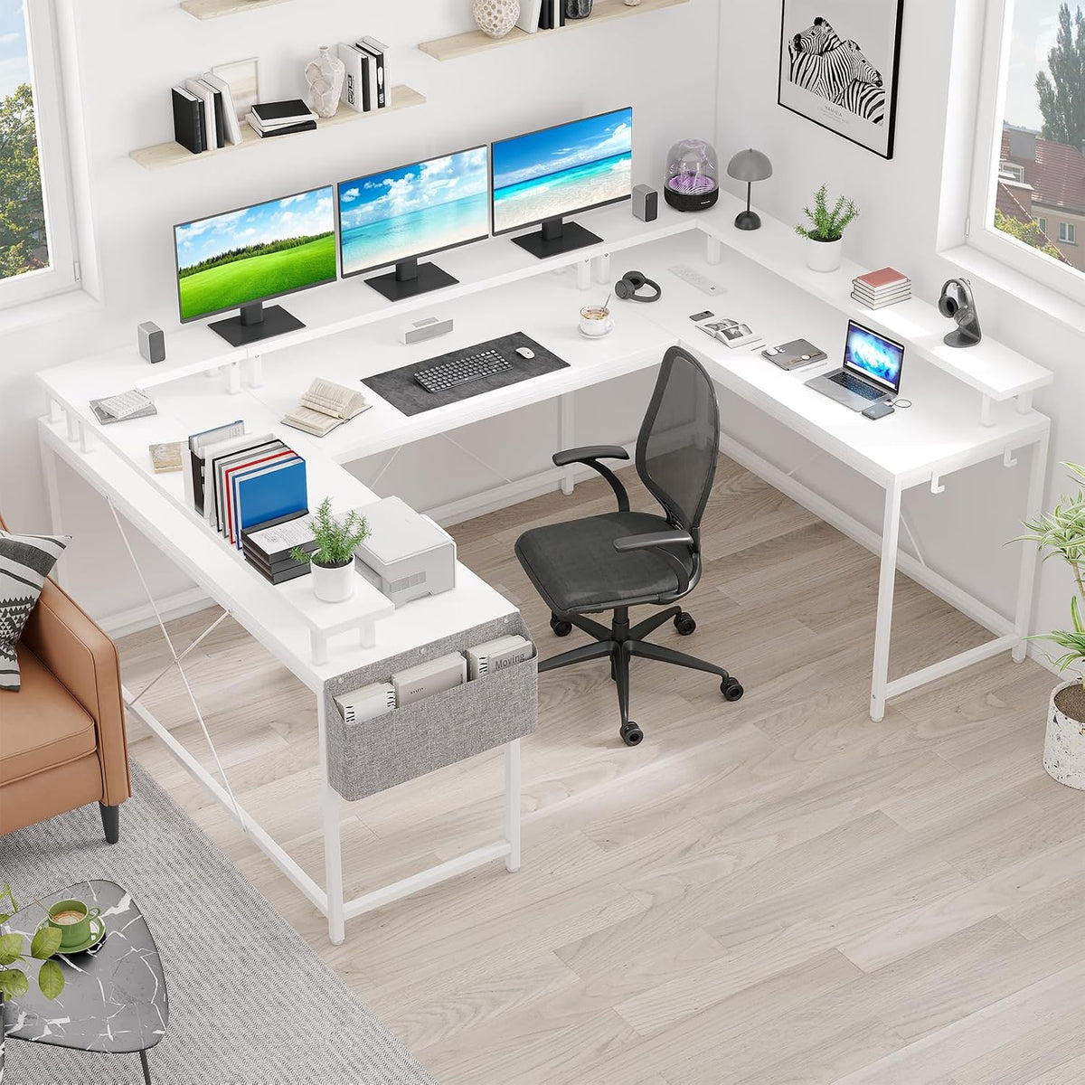 Jojoka U Shaped Computer Gaming Desk, Reversible L Shaped Desk with Power Outlets, LED Strip & Monitor Stand, Large Corner Desk with Storage Shelves for Home Office, White