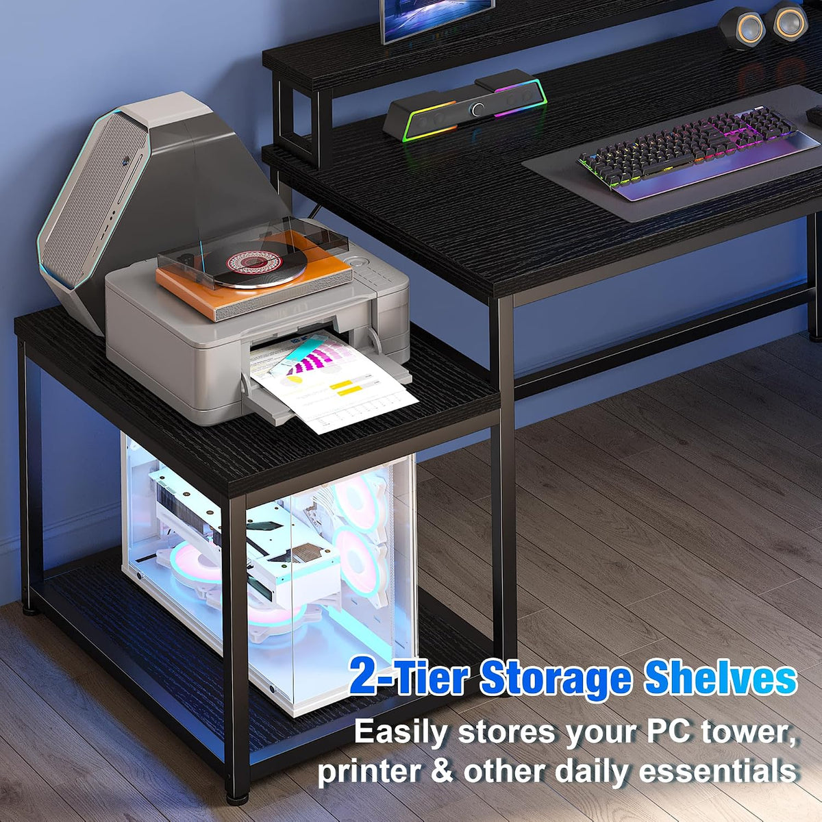 EnHomee 56' Medium L Shaped Gaming Desk with LED & Power Outlets,Computer Desk with Monitor Stand & Print Stand for Home Office,Reversible Corner Gaming Table with Storage Shelf & Hooks,Black
