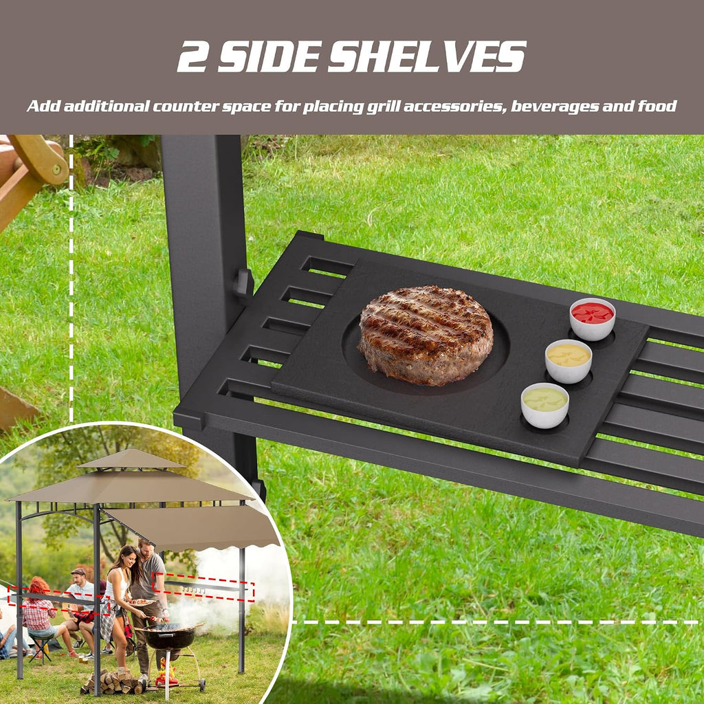 8'X8' Grill Gazebo Canopy - Heavy Duty Steel Frame, Double Tiered Grill Canopy for Outdoor Grill W/Shelves, Ceiling Hooks, Ground Stakes, Patio Canopys Tent BBQ Gazebo Backyard (Kahki)