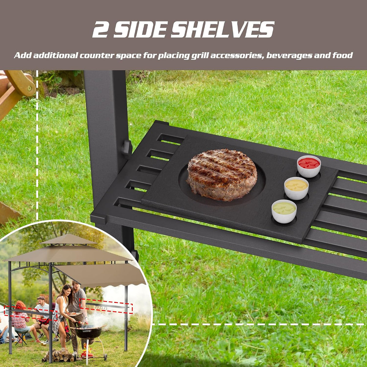 8'X8' Grill Gazebo Canopy - Heavy Duty Steel Frame, Double Tiered Grill Canopy for Outdoor Grill W/Shelves, Ceiling Hooks, Ground Stakes, Patio Canopys Tent BBQ Gazebo Backyard (Kahki)