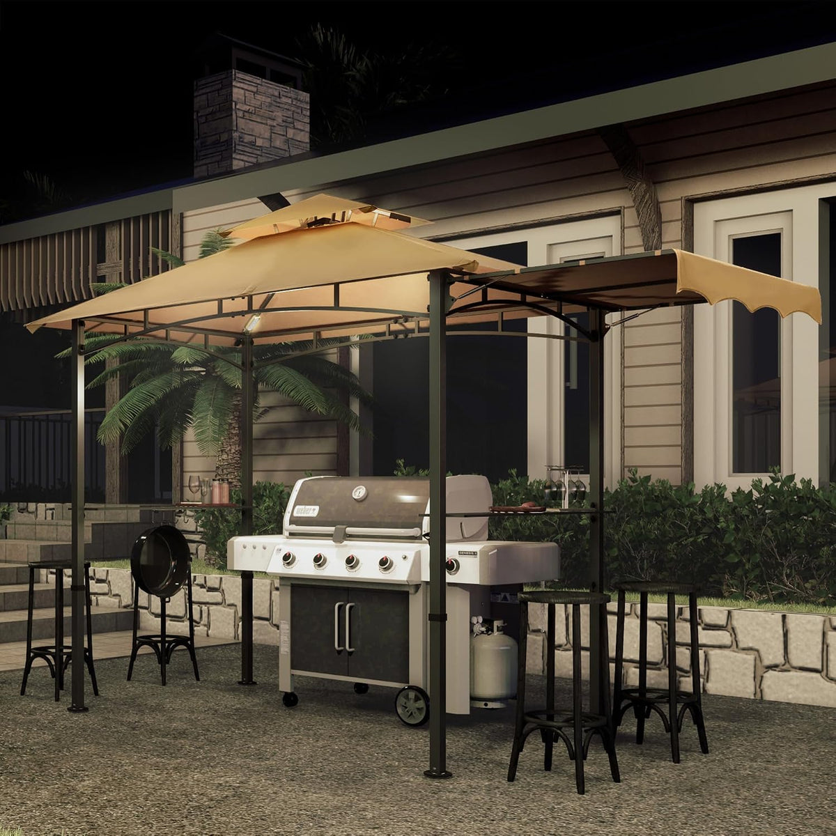MASTERCANOPY 11 x 5 Grill Gazebo with Extra Side Awning Outdoor BBQ Gazebo with 2 LED Lights for Patio Party Backyard Picnic(Khaki)