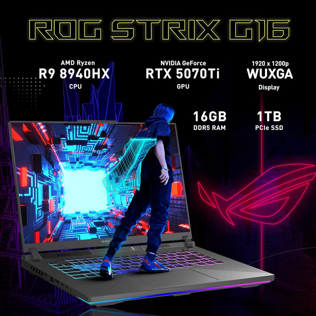 ASUS ROG Strix G16 Gaming Laptop, GeForce RTX 5070 Ti 12GB GDDR7, AMD Ryzen 9 8940HX, 16GB DDR5, 1TB SSD, Backlit Keyboard, FHD Camera, 16' WUXGA 165Hz Display, Win 11, Gray, 1TB Docking Station Set