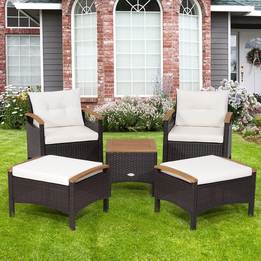 HAPPYGRILL 5 Pieces Patio Furniture Set Outdoor PE Wicker Lounge Chair and Ottoman Set with Cushions and Side Table with Acacia Wood Tabletop, Outdoor Conversation Set for Garden Poolside Backyard