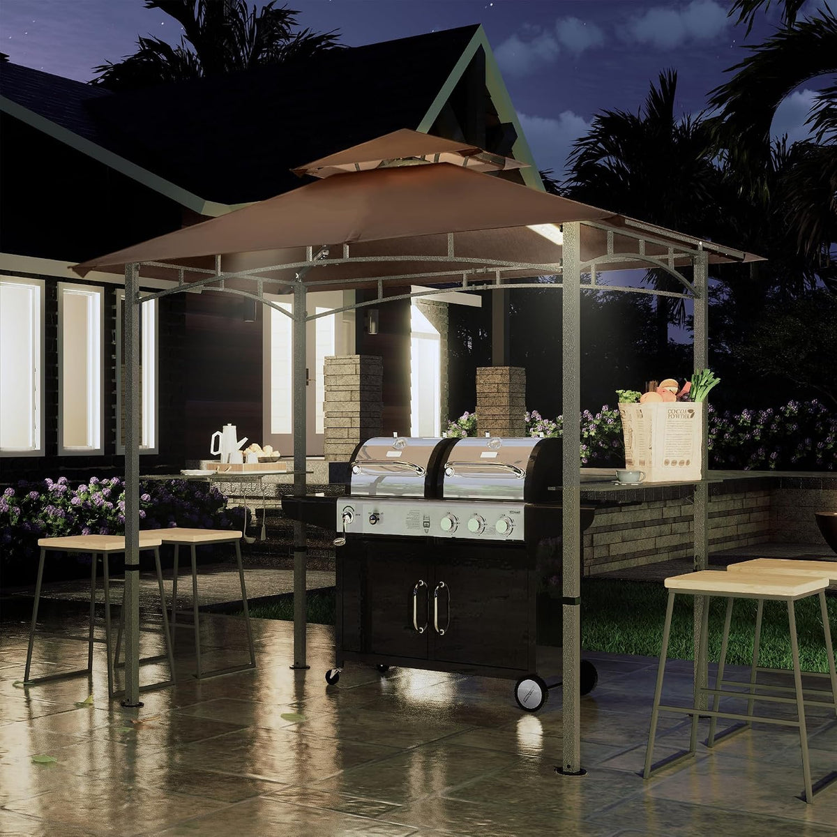 COOSHADE 8'x 5' Grill Gazebo Double Tiered Outdoor BBQ Gazebo Canopy with LED Light (Brown)