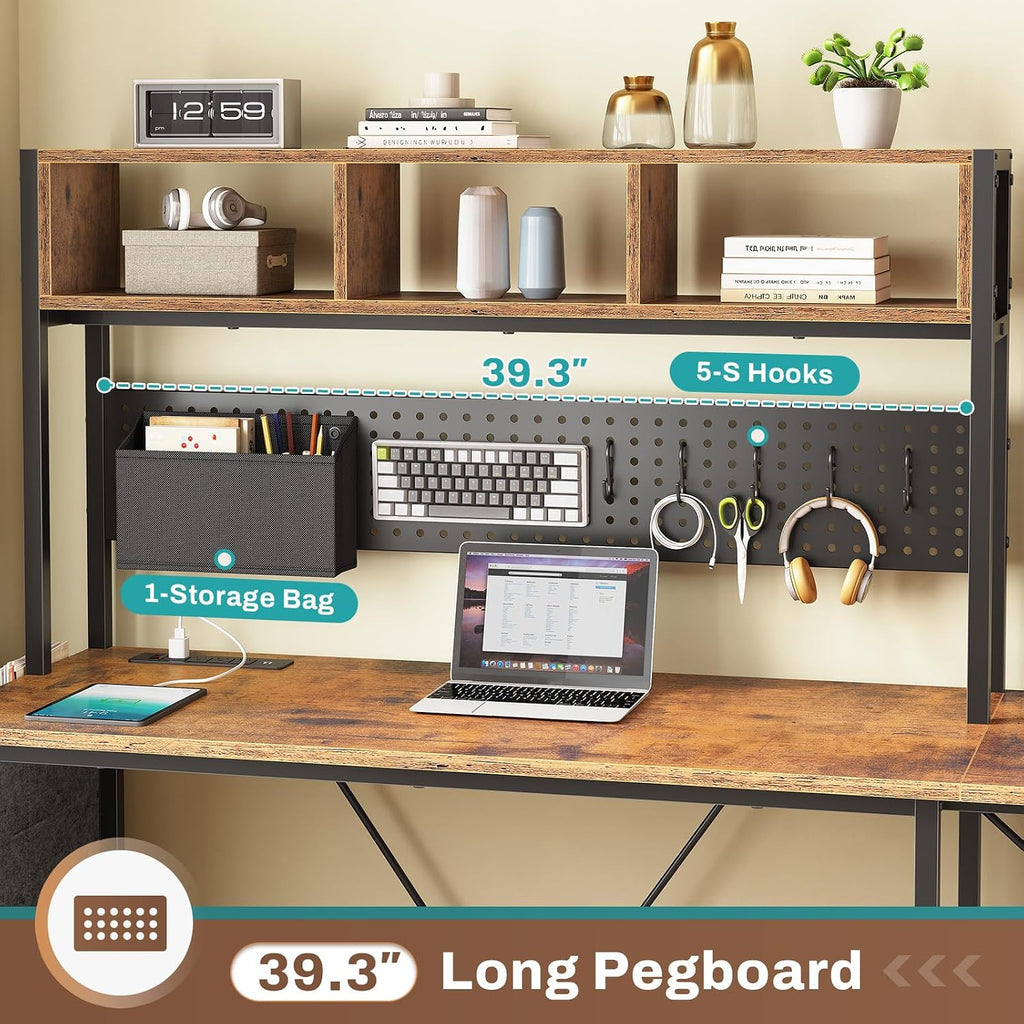 SEDETA L Shaped Gaming Desk with Hutch, 57.5' Reversible Corner Computer Desk with Storage Shelves, Gaming Desk with Pegboard, LED Lights, Power Outlet, Keyboard Tray (Rustic Brown)