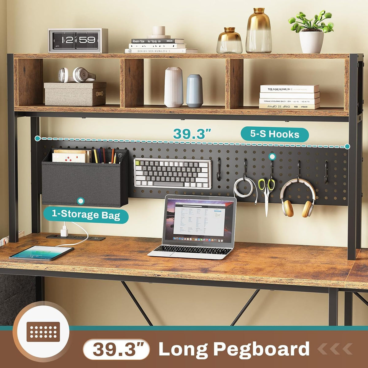 SEDETA L Shaped Gaming Desk with Hutch, 57.5' Reversible Corner Computer Desk with Storage Shelves, Gaming Desk with Pegboard, LED Lights, Power Outlet, Keyboard Tray (Rustic Brown)