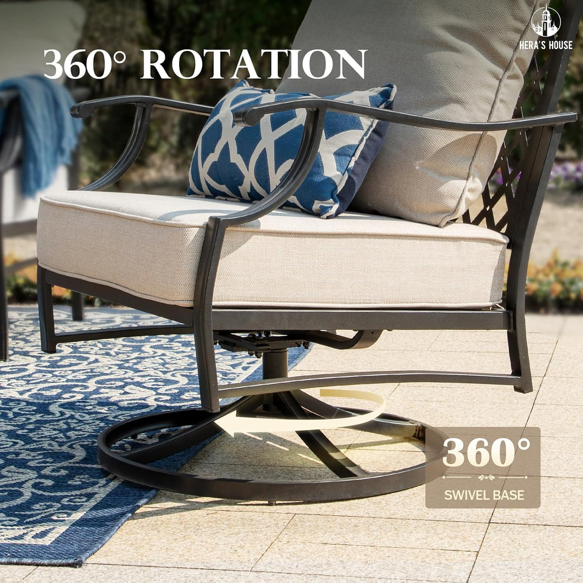 HERA'S HOUSE 5 Pieces Fire Pit Patio Furniture Set, 4 x Thick Cushioned Swivel Chairs with 28' Fire Pit Table (50,000 BTU), Outdoor Conversation Set for Garden, Backyard, Lawn