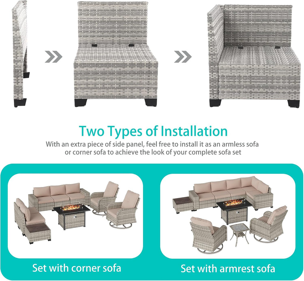 10-Piece Outdoor Patio Furniture Set with Swivel Rocking Chair, Outdoor Sectional Sofa with 55,000 BTU Fire Pit Table PE Wicker Rattan Patio Conversation Set with Coffee Table, Khaki