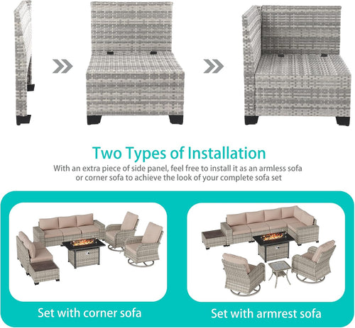 10-Piece Outdoor Patio Furniture Set with Swivel Rocking Chair, Outdoor Sectional Sofa with 55,000 BTU Fire Pit Table PE Wicker Rattan Patio Conversation Set with Coffee Table, Khaki