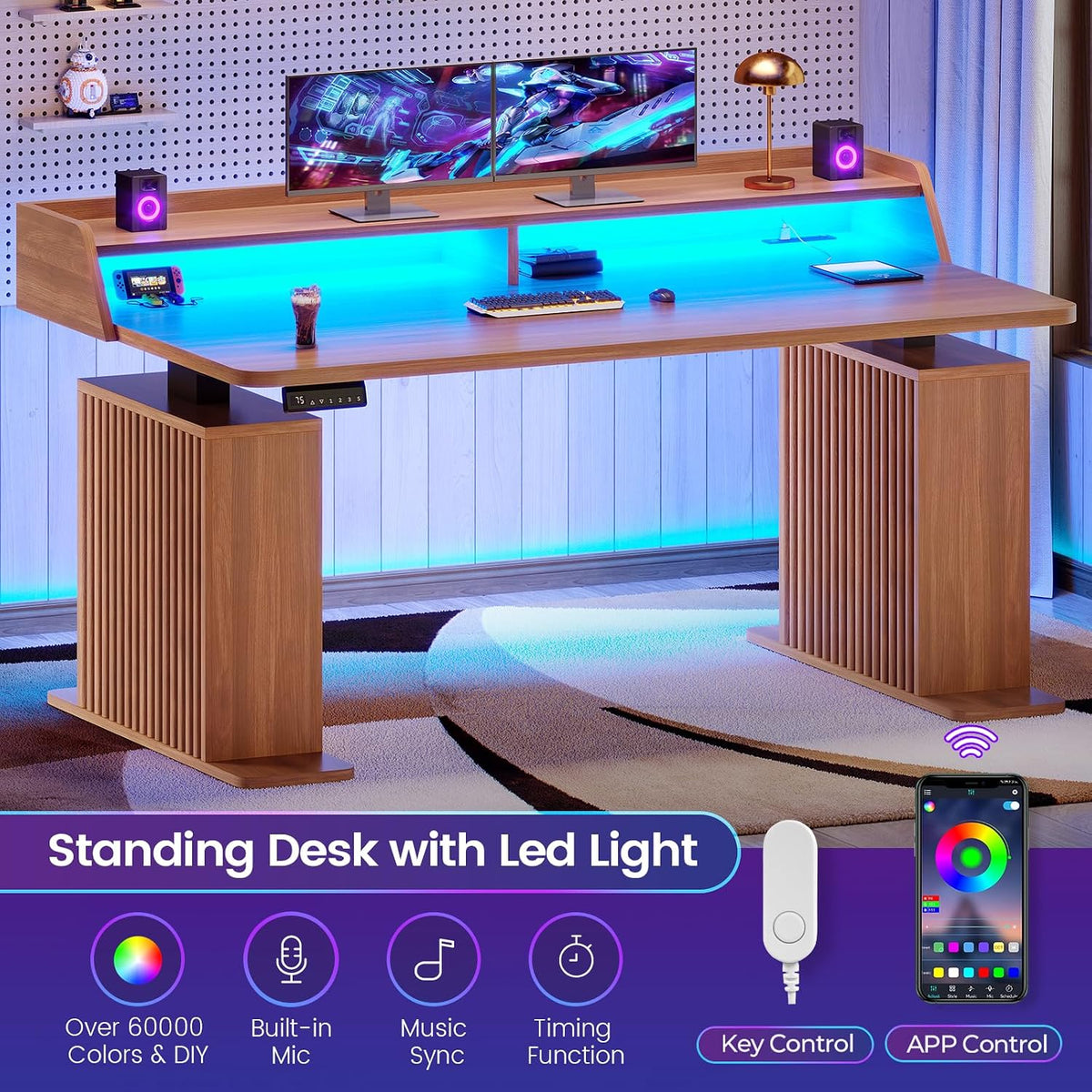SEDETA Standing Desk with Storage, 55' Fluted Stand Up Desk with Power Outlets and LED Lights, Height-Adjustable Table with Monitor Shelf for Home Office & Gaming, Brown