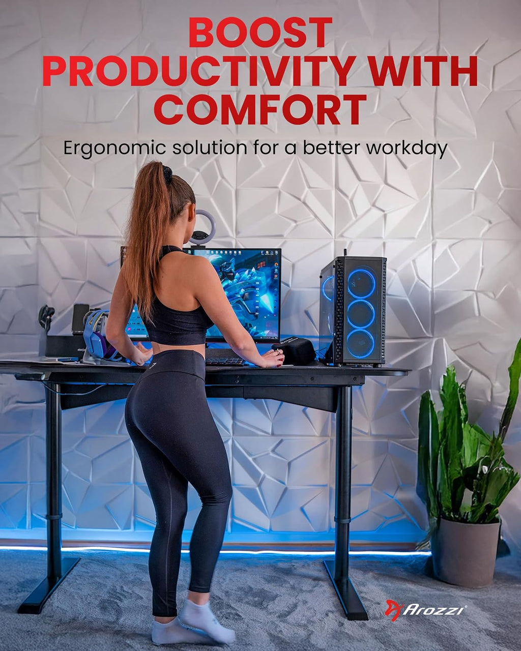 Arozzi Arena Moto Gamer Desk - 63x32' Electric Standing PC Gaming Desk with Storage for Cables - Dual Motor Steel Frame & Full-Surface Washable Mousepad - Pure Black