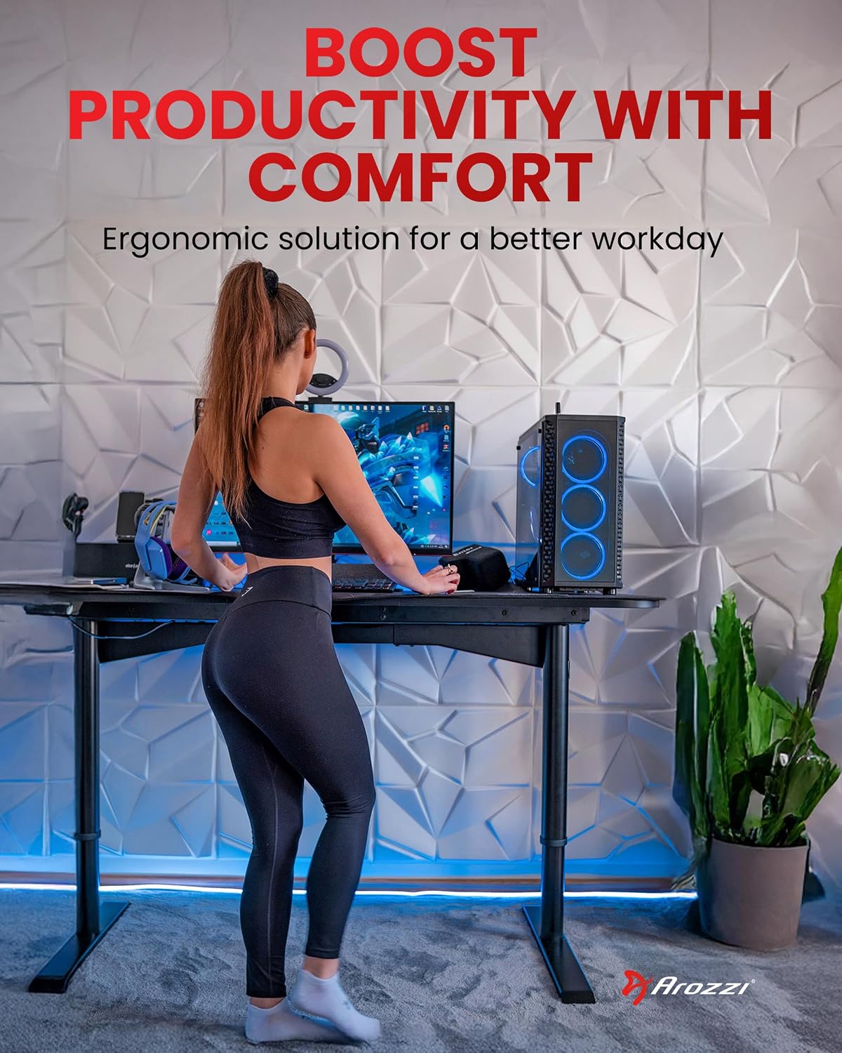 Arozzi Arena Moto Gamer Desk - 63x32' Electric Standing PC Gaming Desk with Storage for Cables - Dual Motor Steel Frame & Full-Surface Washable Mousepad - Pure Black