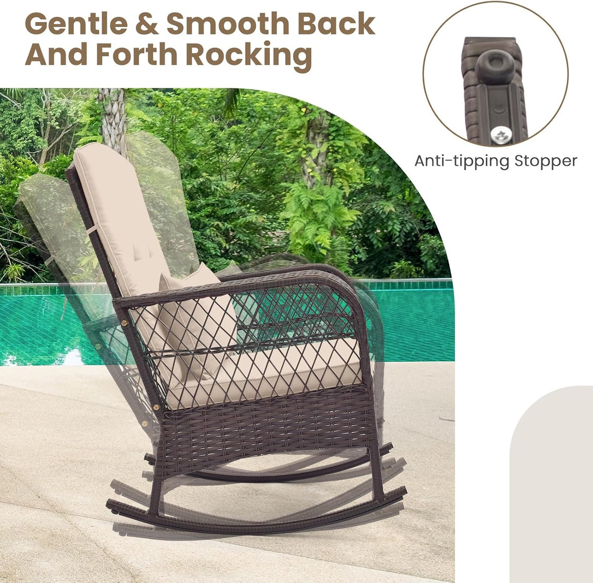 ORALNER 3 Pieces Patio Furniture Wicker Rocker Set, Outdoor Rocking Chairs with Cushions, Pillows, Glass Coffee Table, Rattan Bistro Set for Balcony Front Porch Poolside Garden Deck (Beige)