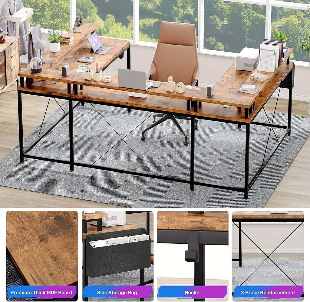 GAOMON U Shaped Desk, 126 Inch Gaming Desk with Monitor Stand and LED Lights, Reversible Shaped Large Computer Desk with Power Outlets, Office Desk with Storage Bag and Hooks, Vintage