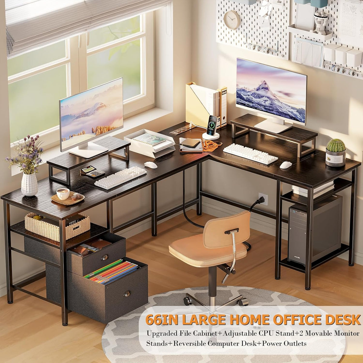 Furologee 66' L Shaped Desk with Power Outlet, Reversible Computer Gaming Desk with File Drawer & 2 Monitor Stands for Home Office with Storage Shelves, Black
