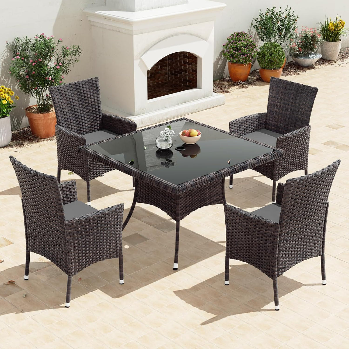 Gotland 5 Piece Outdoor Dining Set, All-Weather Rattan Patio Furniture Set with Umbrella Hole Tempered Glass Square Table, Outdoor Table and Chairs with Removable Cushions for Backyard, Deck, Grey