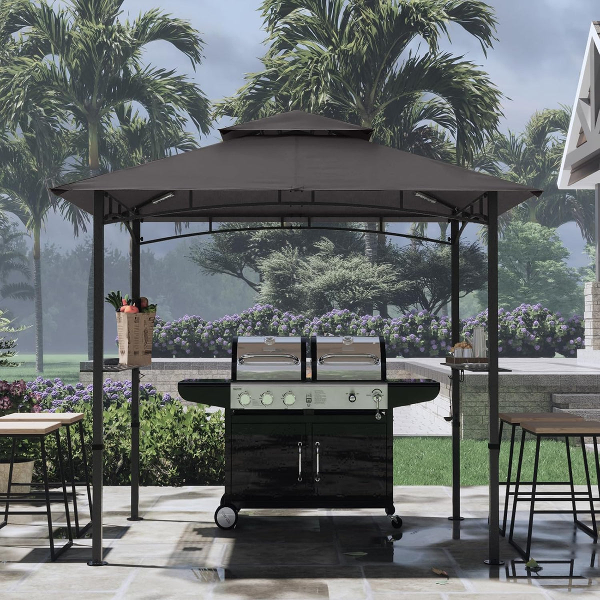 COOSHADE 8'x 5' Grill Gazebo Double Tiered Outdoor BBQ Gazebo Canopy with LED Light (Gray)