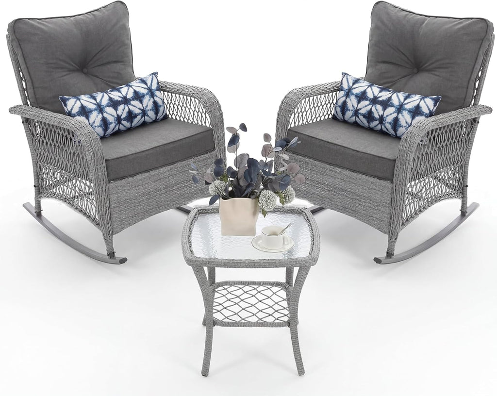UDPATIO Rocking Chair Outdoor Set 2 with Coffee Table, 3 Piece Wicker Rocking Bistro Set with 4' Water-Resistant Cushions, Oversized, 350lbs Heavy-Duty, for Porch, Patio, Balcony, Grey