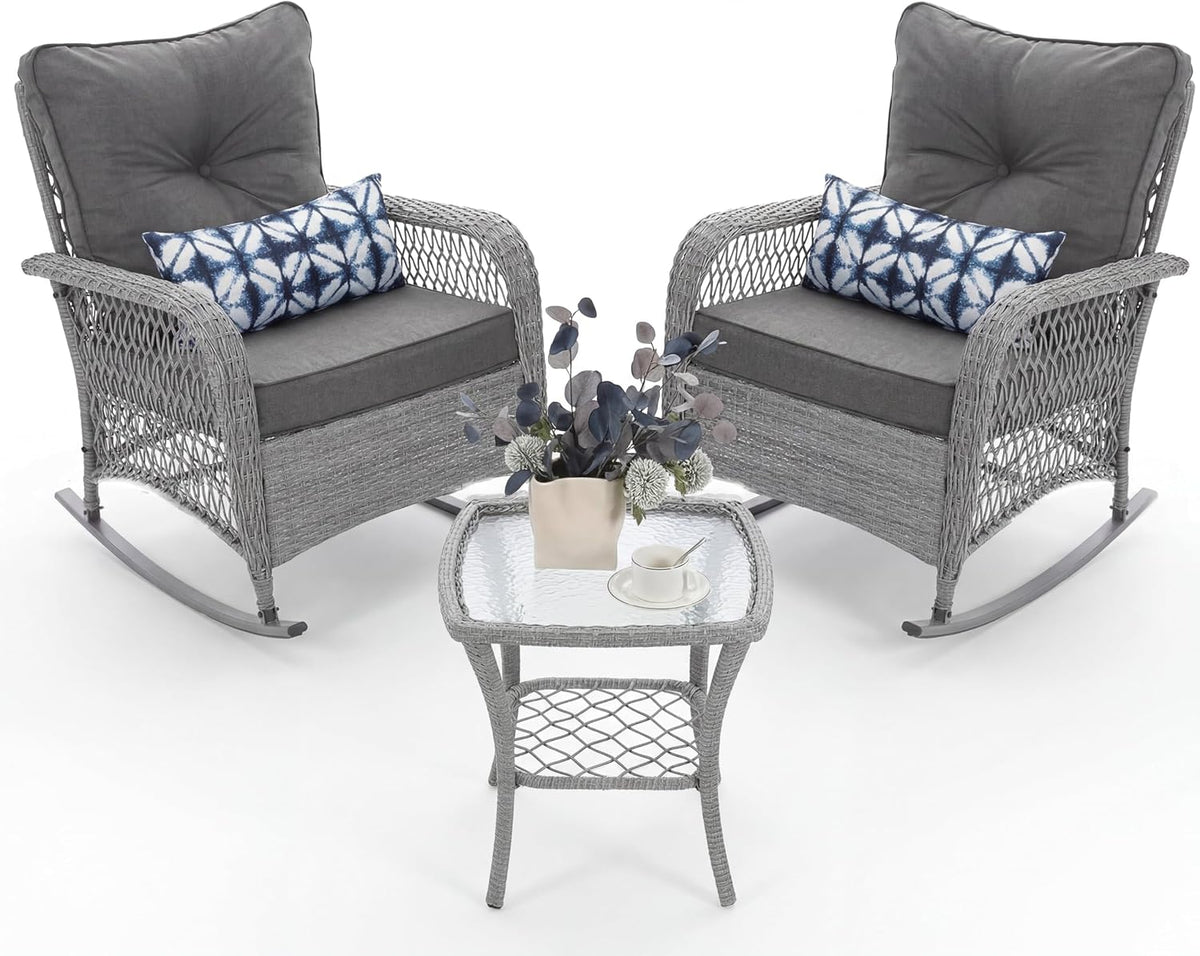 UDPATIO Rocking Chair Outdoor Set 2 with Coffee Table, 3 Piece Wicker Rocking Bistro Set with 4' Water-Resistant Cushions, Oversized, 350lbs Heavy-Duty, for Porch, Patio, Balcony, Grey