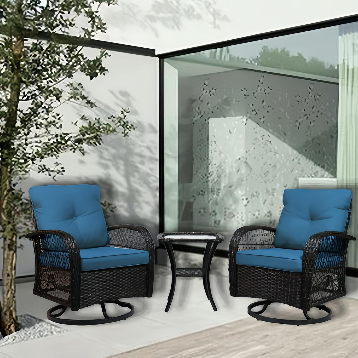Outdoor Swivel Rocker Patio Chairs with Cushions，Outdoor Swivel Rocking Chairs Set of 2 with Rattan Side Table，360 Degree Swivel Seat Patio Furniture Set for Outside Porch Deck，3 Pieces