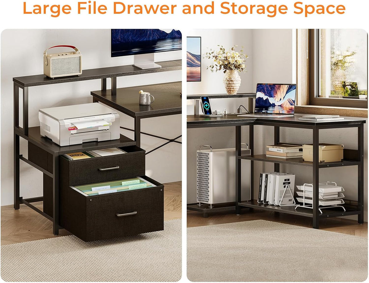ODK 75' L Shaped Desk with File Drawers, Work from Home Office Desk with Power Outlet, Reversible Computer Desk with Storage Shelves, Gaming Desk with Monitor Shelf, Corner WFM Table, Black