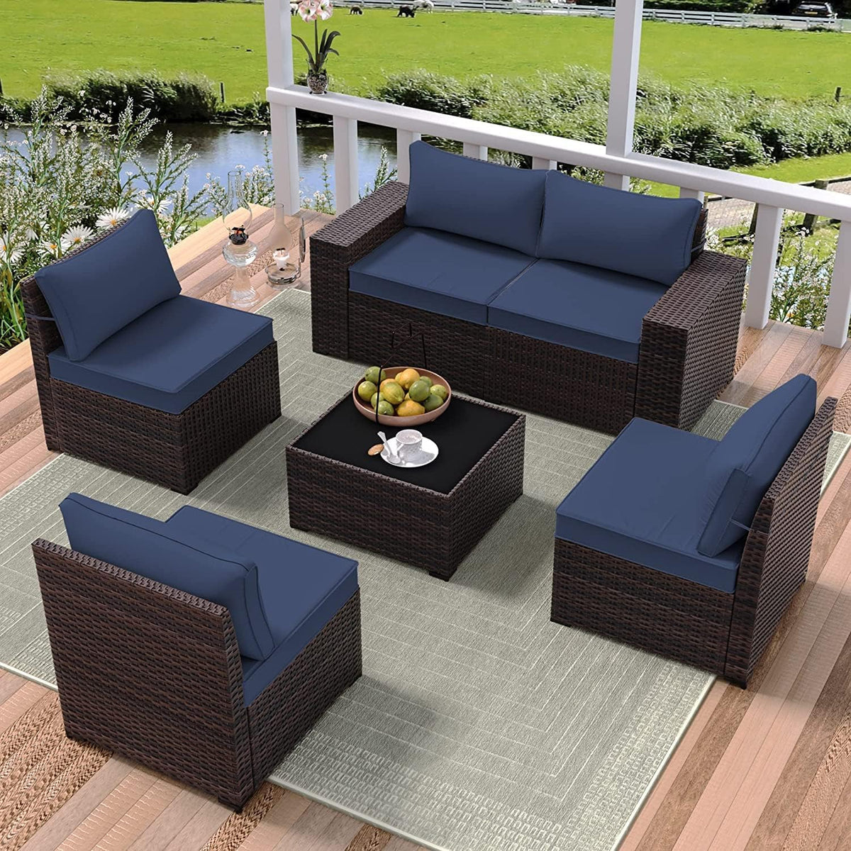 6 PCS Outdoor Patio Furniture Set,Outdoor Sectional Furniture All Weather PE Rattan Wicker Patio Conversation Set with Coffee Table and 5 Thickened Cushions,Navy Blue
