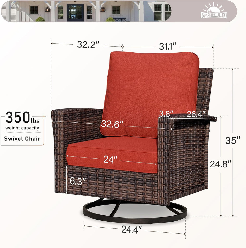 SUNSHINE VALLEY Patio Wicker Swivel Chairs Set of 2, Outdoor High Back Chairs with 5.5' Waterproof Cushions, Outdoor Furniture Set for Deck Porch and Yard, Red