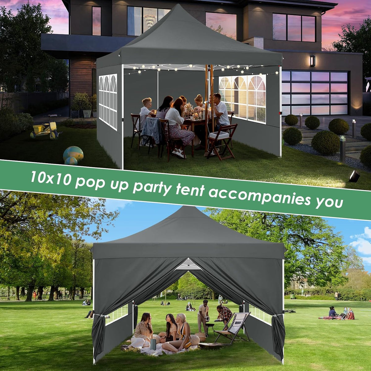 COBIZI 10x10 Pop Up Canopy with 4 Removable Sidewalls, Easy Set Up Canopy Tent, Waterproof Instant Party Tents for Weddings & Parties, UPF 50+ UV Protection, 3-Height Adjustable Frame,Grey