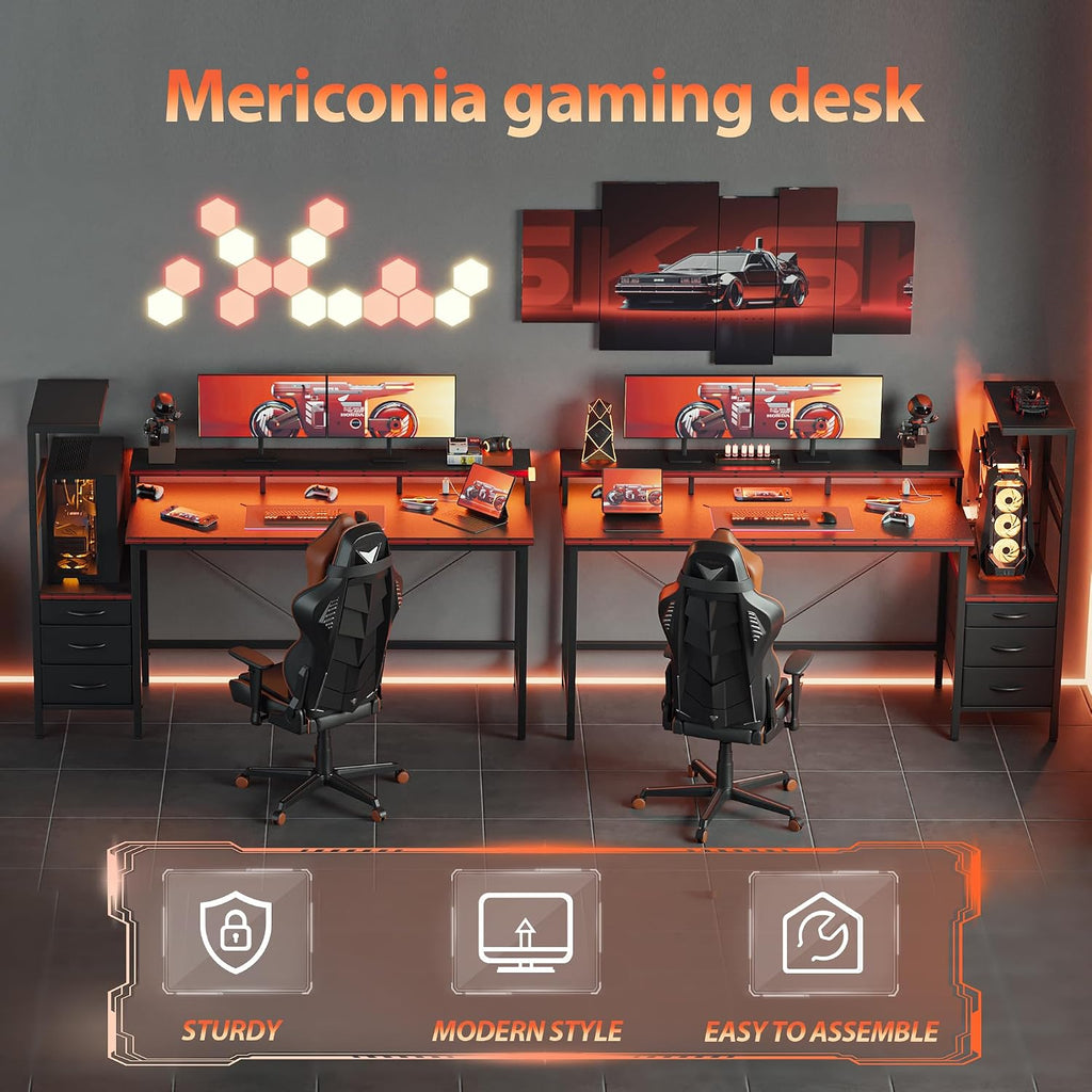 Mericonia Gaming Desk with Power Outlets & LED Lights, Reversible Computer Desk with PC Case Stand, Fabric Drawers, Modern Office Desk with Shelves, Monitor Stand