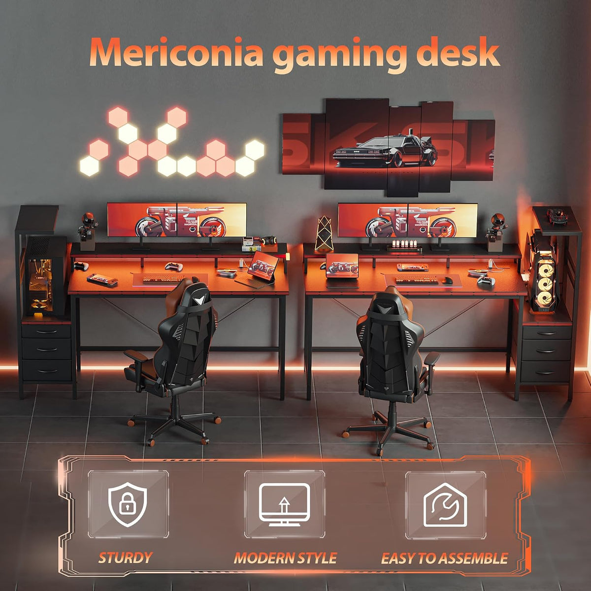 Mericonia Gaming Desk with Power Outlets & LED Lights, Reversible Computer Desk with PC Case Stand, Fabric Drawers, Modern Office Desk with Shelves, Monitor Stand