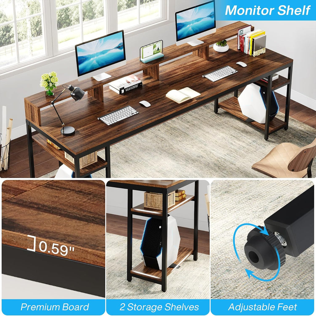 Tribesigns Two Person Desk with Monitor Stand, 78.74' Long Double Computer Office Desk with Storage Shelves, Large Gaming Study Writing Table Workstation for Home Office (Rustic Brown)