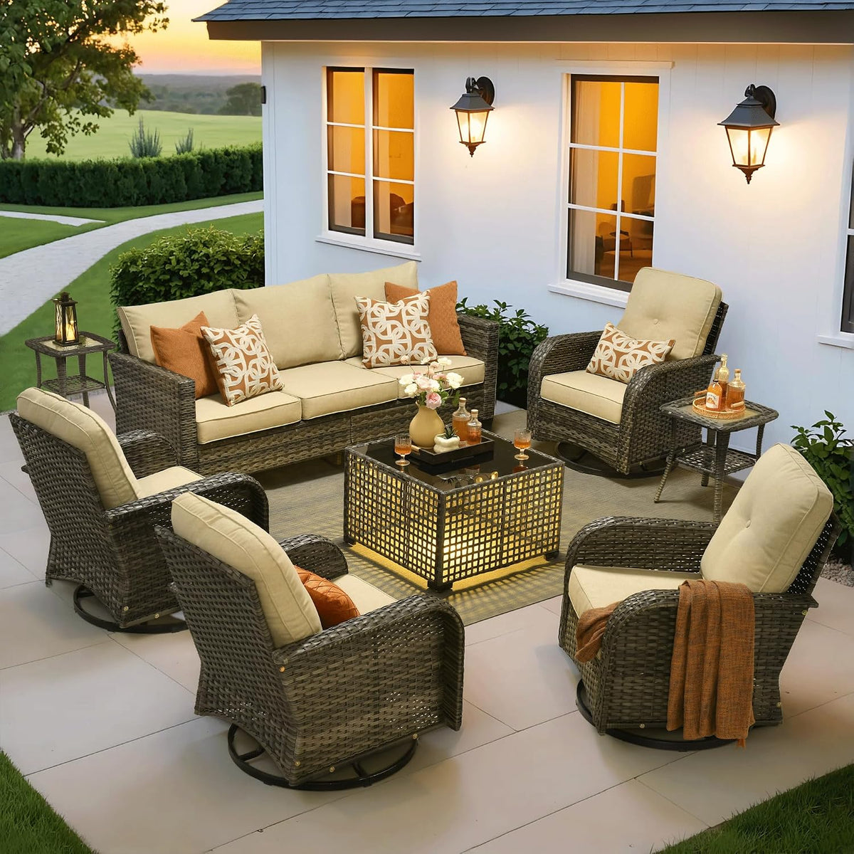 ovios 8 Pieces Patio Furniture Set, Outdoor Wicker Sofa Couch with Rocking Swivel Chairs Solar Lights Table, Modern Deep Seat Rattan Conversation Sets for Deck Porch, Beige
