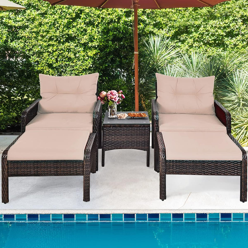 HAPPYGRILL 5-Piece Patio Furniture Set Outdoor Rattan Wicker Conversation Set with Coffee Table Cushioned Sofas and Ottoman Chat Set for Garden Backyard