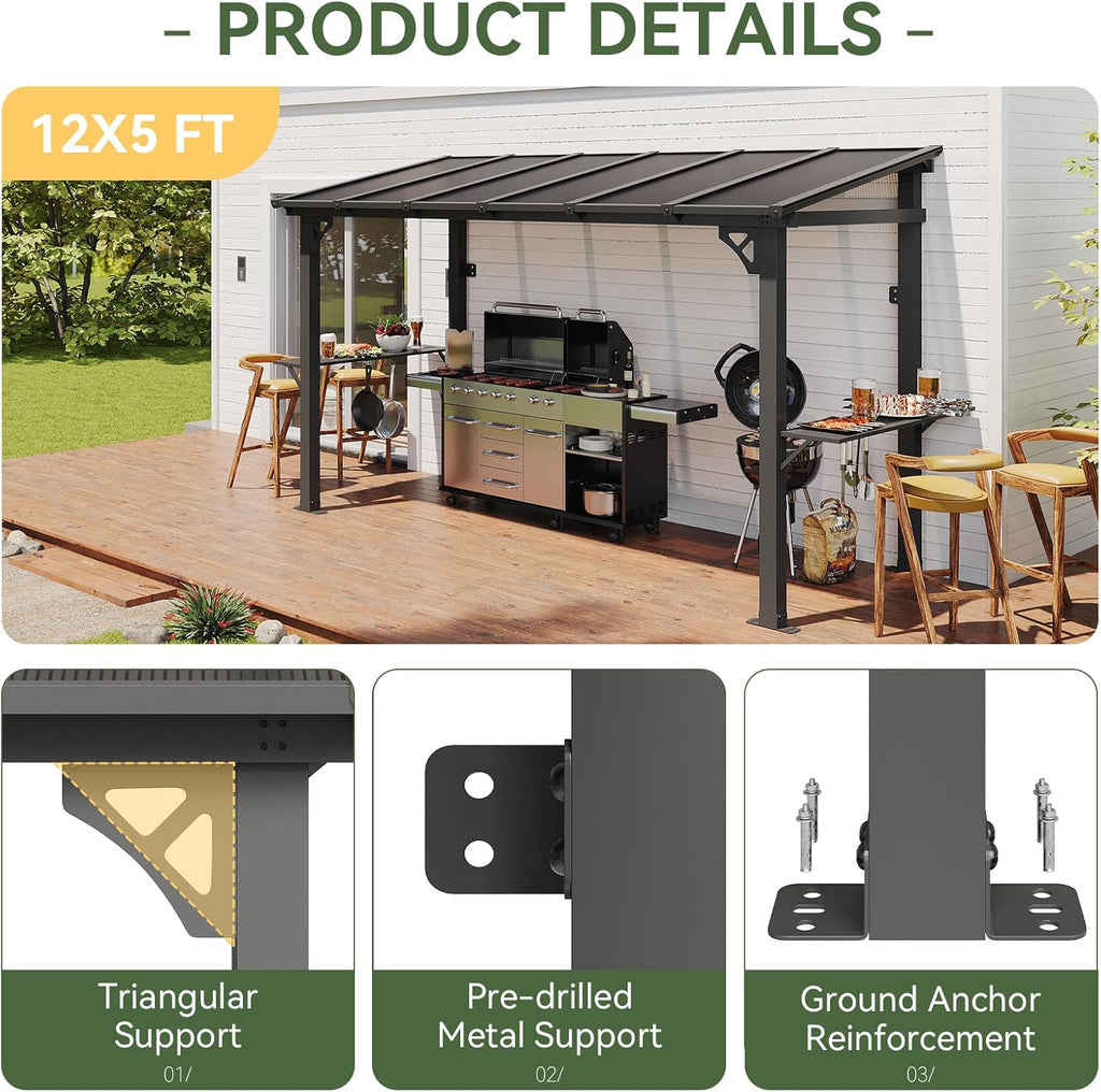 Aoxun 12x6 FT Gazebo with Polycarbonate Panel, All-Weather Outdoor BBQ Canopy with Sloping Steel Roof, Grill Gazebo with 2 Side Shelves & Hooks, Permanent Metal Gazebo for Patio, Backyard, Deck