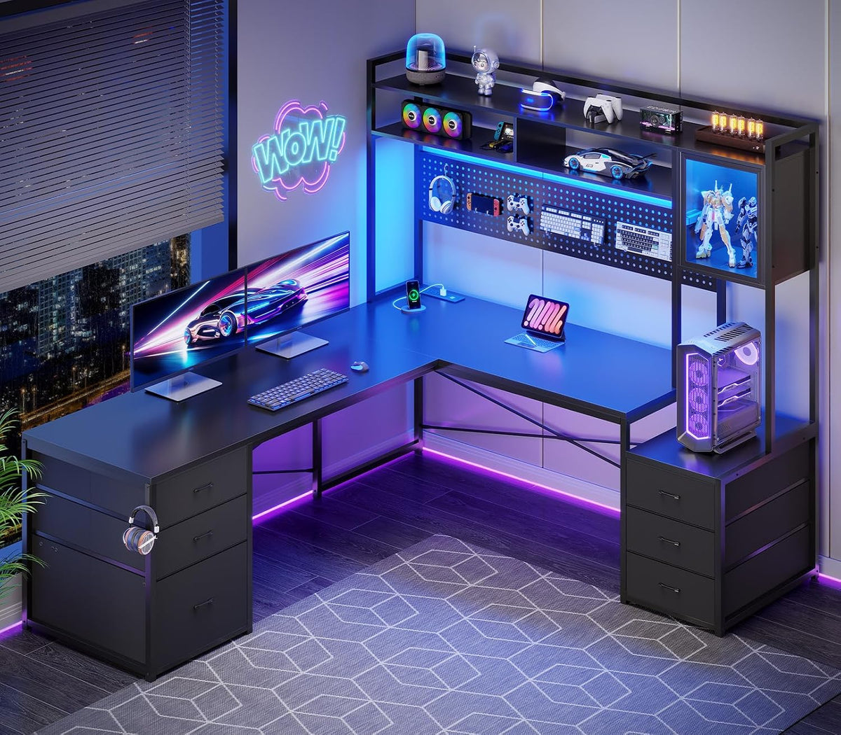 SEDETA L Shaped Gaming Desk with Drawers, Reversible Computer Corner Desk with File Drawer, Hutch, Storage Shelves for Home Office, Gaming Two Person Desk with Led Lights, Power Outlet, Black
