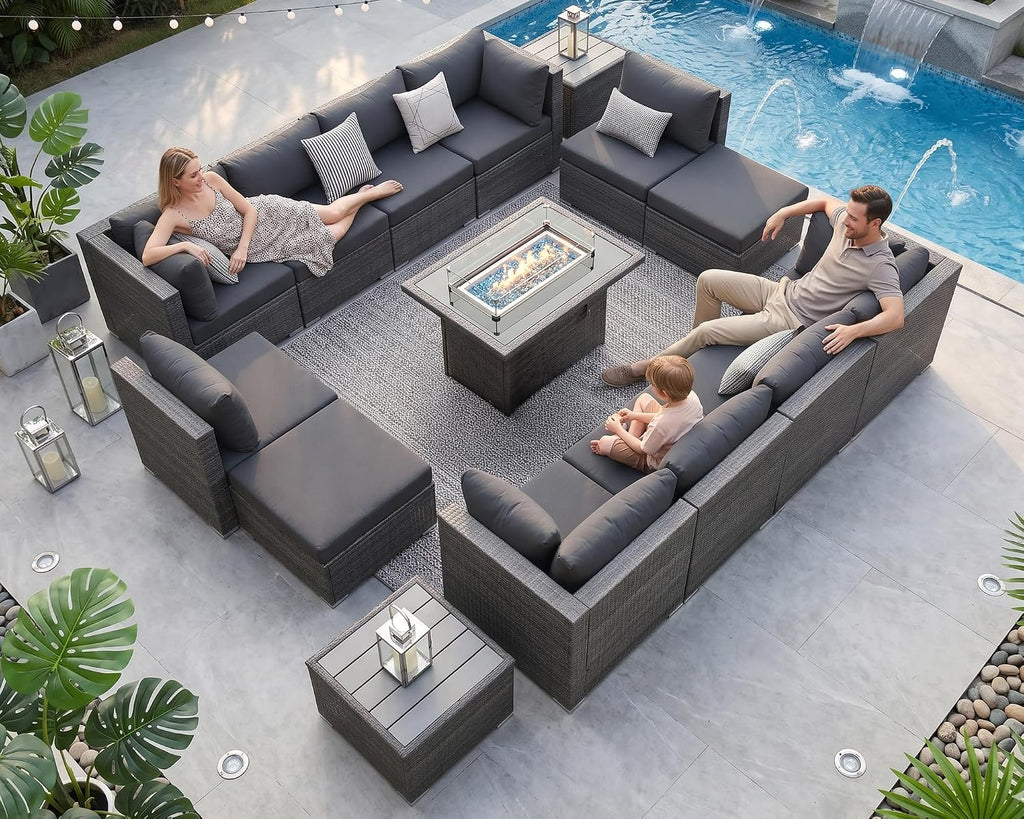 NICESOUL 15 Piece Patio Set with Fire Pit Table, Luxury Large Size Outdoor Furniture with Firepit, 29.3' Highback Deep Seating 500 lbs Heavy Duty for Backyard, Deck, Dark Grey