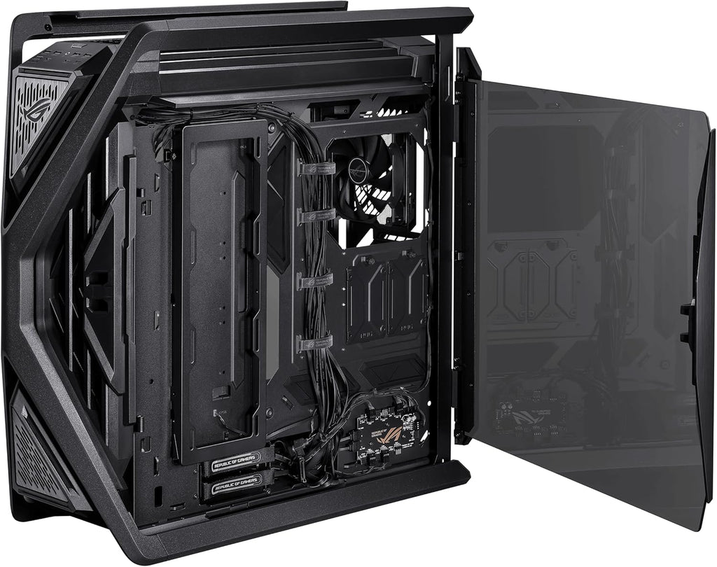 ASUS ROG Hyperion GR701 BTF Edition PC case, ASUS ATX BTF motherboards Support, 420 mm Dual Radiator Support, Four 140 mm Fans, Metal GPU Holder, Component Storage, ARGB Fan hub, 60W Fast Charging
