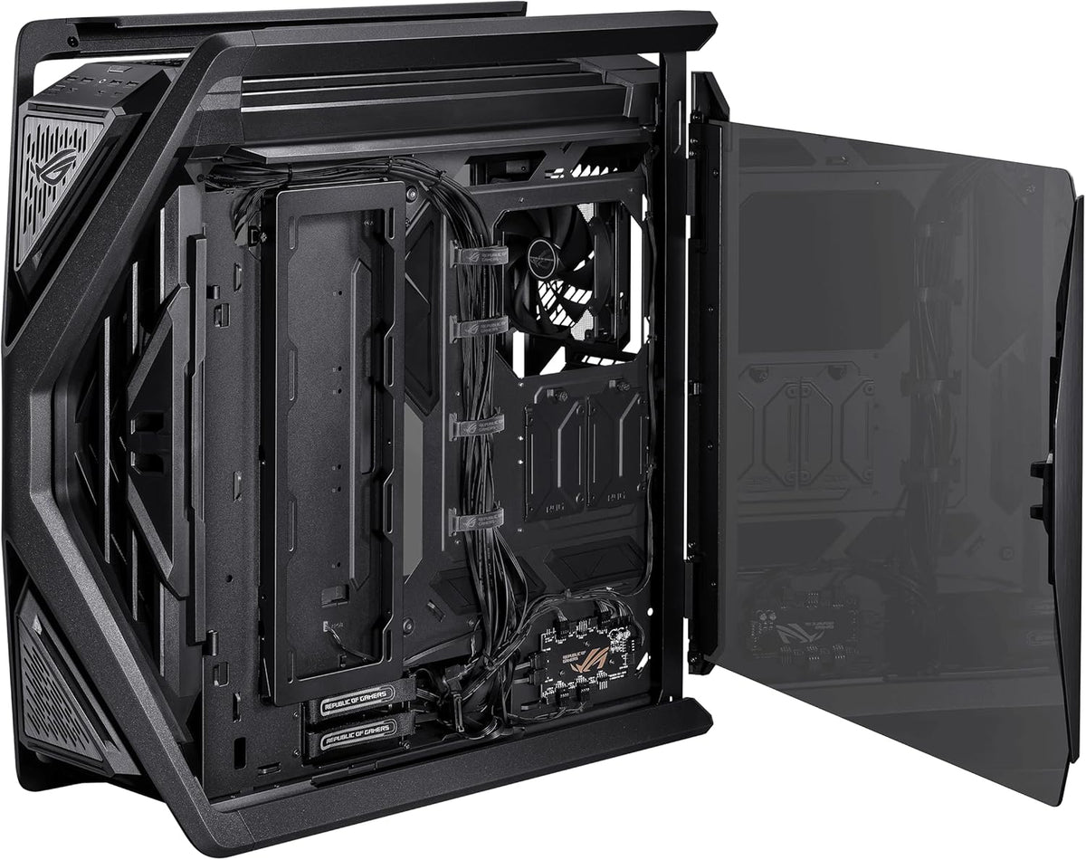 ASUS ROG Hyperion GR701 BTF Edition PC case, ASUS ATX BTF motherboards Support, 420 mm Dual Radiator Support, Four 140 mm Fans, Metal GPU Holder, Component Storage, ARGB Fan hub, 60W Fast Charging