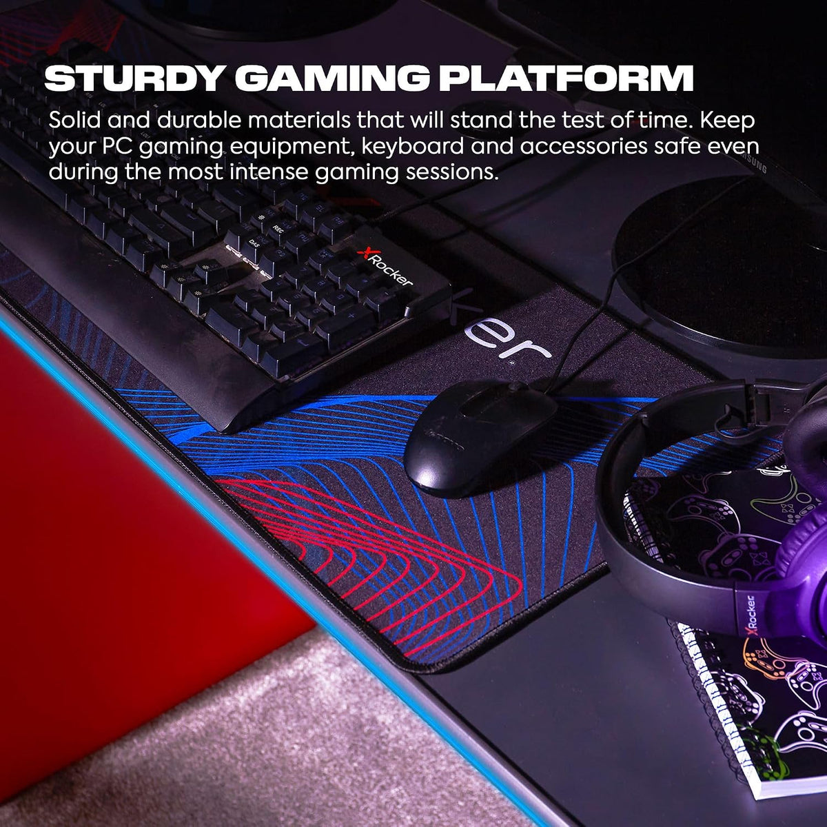 X Rocker Carbon Tek LED Gaming Desk with Wireless Charging, Headphone Hook, and Cable Management