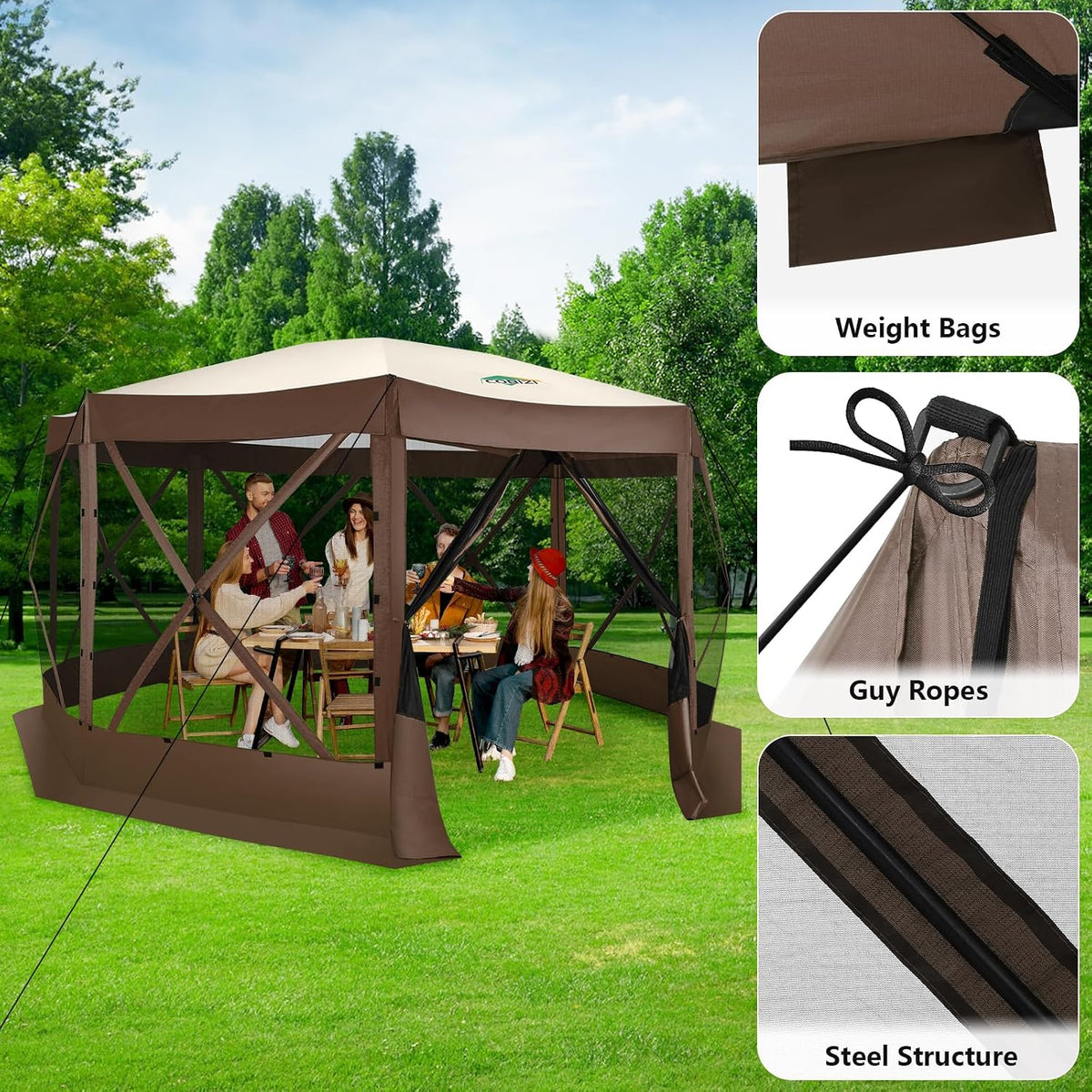 COBIZI 15x15FT Pop Up Gazebo Screen Tent Screen House for Camping, Screen Room with Mosquito Netting, Hub Tent Instant Screened Canopy with Carrying Bag and Ground Stakes, Brown