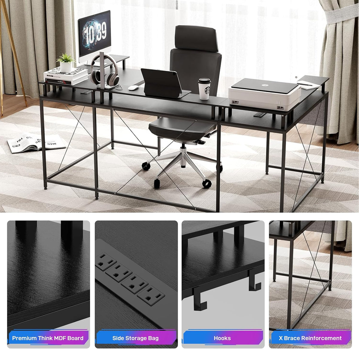 IDEALHOUSE U Shaped Home Office Desk, Reversible L Shaped Gaming Computer Desk with Power Outlets,126 Inch Computer Desk with Monitor Stand and LED Lights,Storage Shelves,Storage Bag and Hooks（Black）
