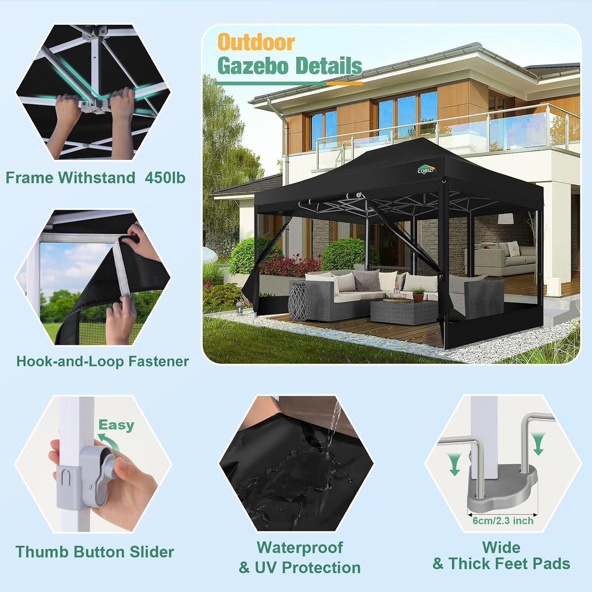 COBIZI 10x15 Canopy Tent, Heavy Duty Pop up Canopy with Sidewalls, Waterproof Easy Setup Canopy with Mosquito Netting, Outdoor Instant Screen Tents for Parties, Wedding, Backyard with Carry Bag, Black