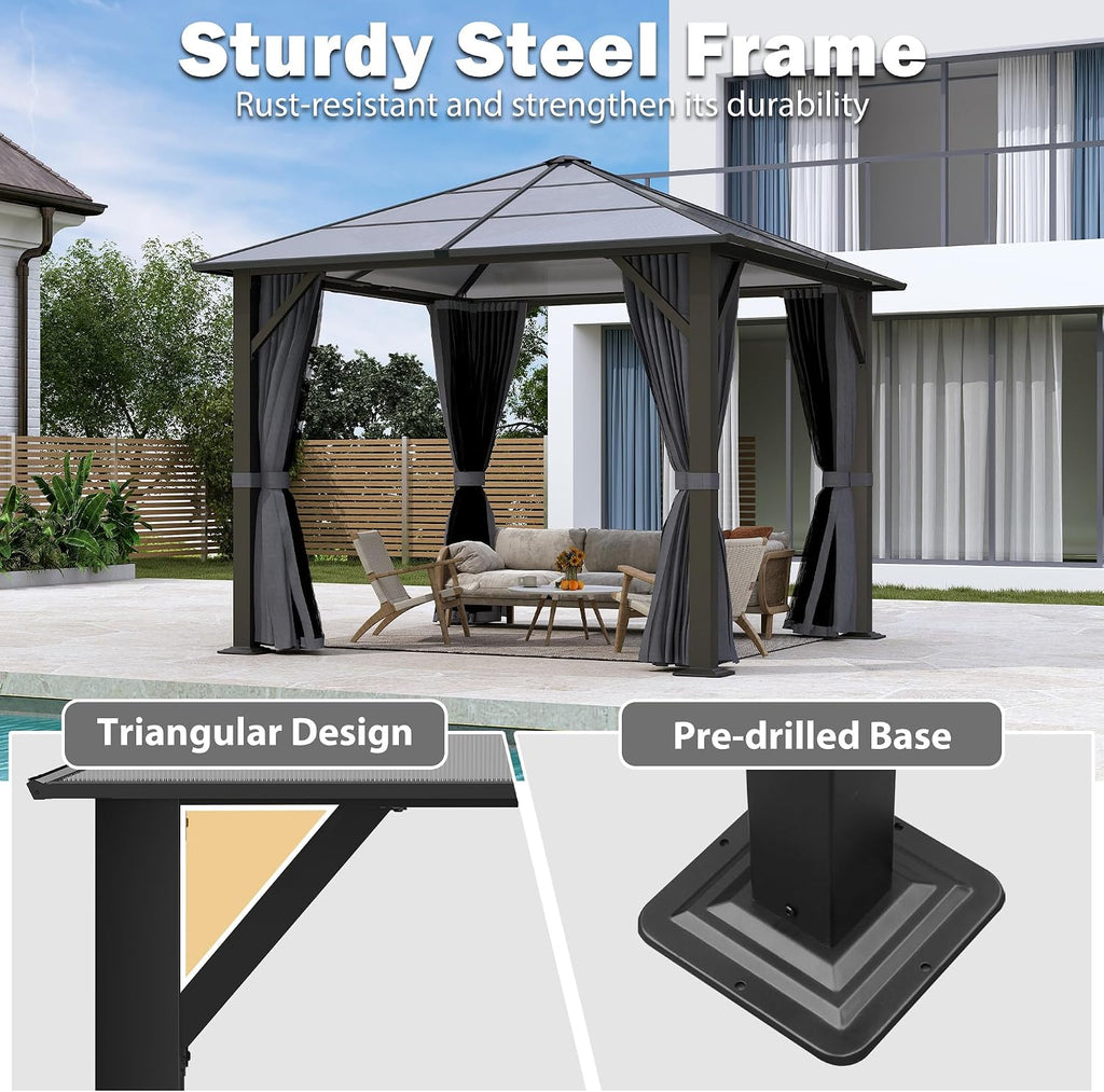 10x10FT Gazebo Hardtop, Outdoor Patio Gazebos with Polycarbonate Roof & Steel Frame, Outdoor Pavilion with Gray Curtain&Netting for Backyard/Lawn/Garden/Deck